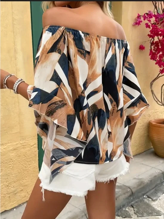 SHEIN Off-Shoulder Abstract Print Blouse in White, Black, Tan - Picture 2 of 4